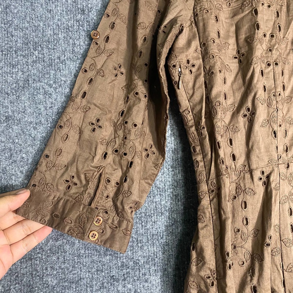 cAbi 545 Midi Dress 12 Large Brown Eyelet V-Neck A-Line Preppy - Picture 4 of 8